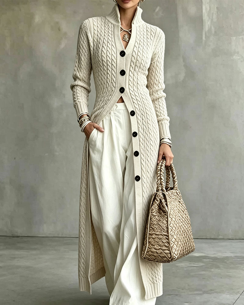 Strickjacke Stehkragen Zopf Knopf Lang