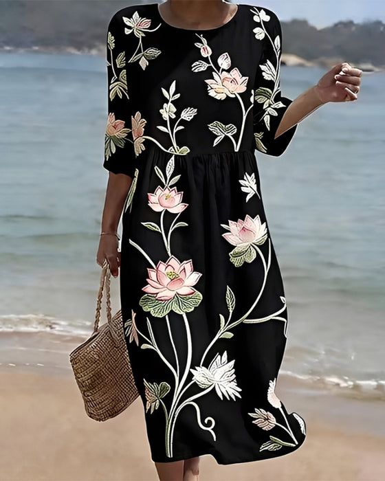 Blumenkleid Mit Rundhalsausschnitt
