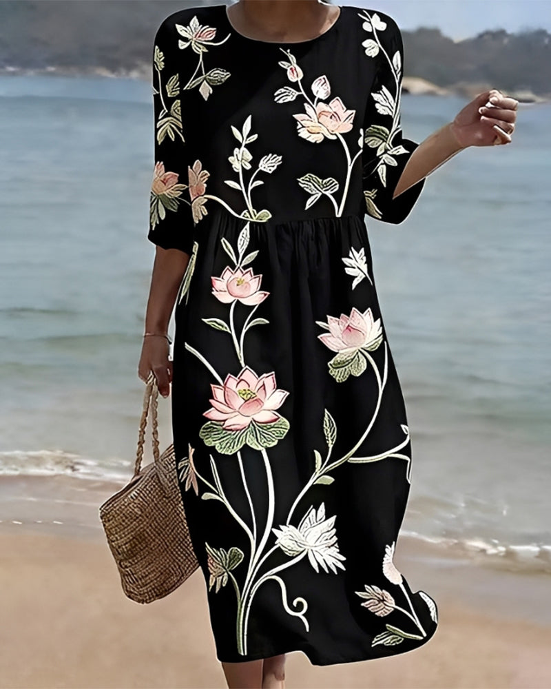 Blumenkleid Mit Rundhalsausschnitt