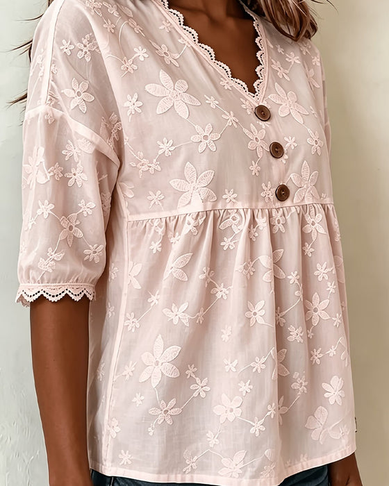Bluse Dreidimensionale Blume V-Ausschnitt Halbarm