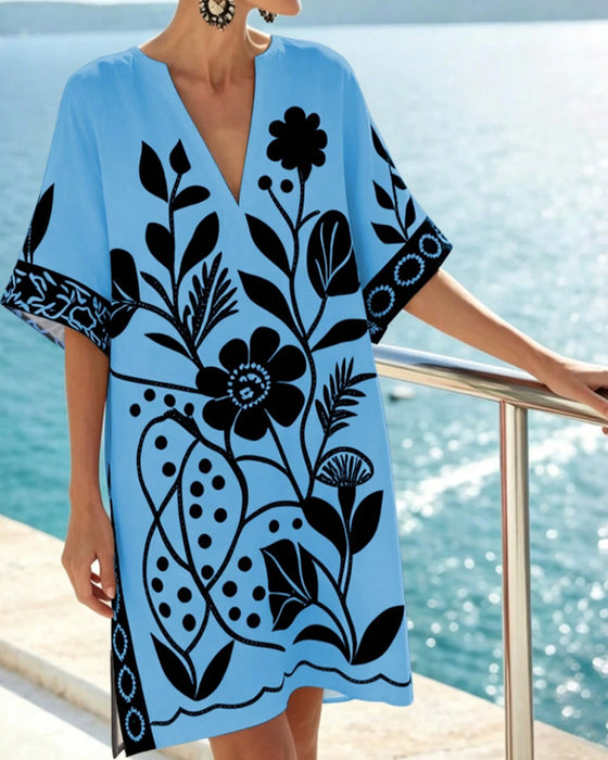 Kleid Floral Print V Ausschnitt Schlitz