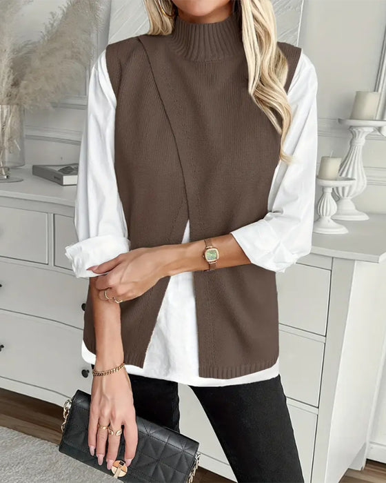 Pullover Elegant Ärmellos Rollkragen mit Schlitz
