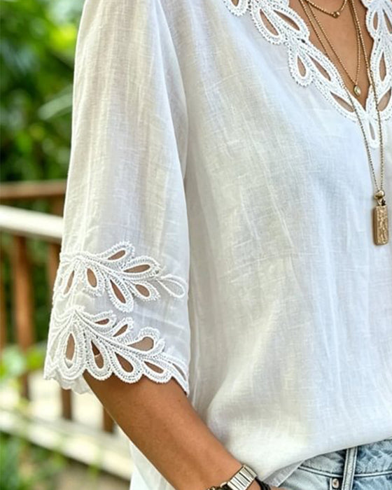 Bluse Hollow Out Spitze V-Ausschnitt