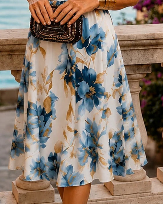 Kleid Tusch Blumen V-Ausschnitt Elegant
