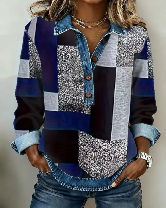 Sweatshirt Denim Patchwork-Print casual