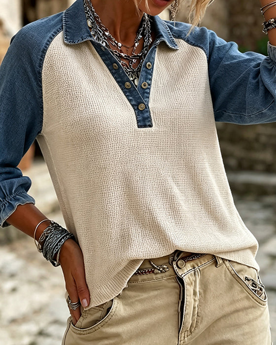 Bluse V-Ausschnitt Waffel Textur Kontrast Denim