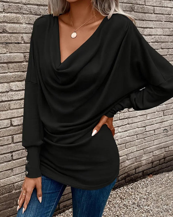 T-Shirt Mock Neck Uni Knopf Langer Ärmel