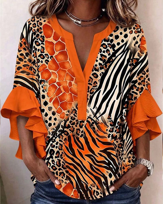 Bluse Zebra Leopard Druck Rüsche Ärmel