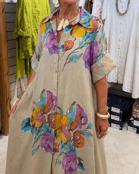 Kleid Aquarell Große Blume Print Revers Lang