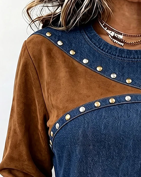 Top Rundhals Denim Spliced Farbblock
