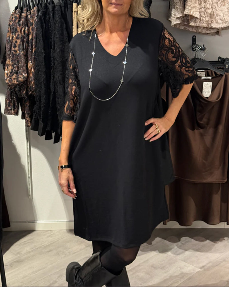 Kleid Stilvoller V-Ausschnitt Kleid Mit Spitzenärmeln
