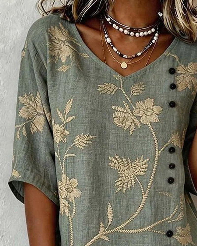 Bluse Blumig V-Ausschnitt Casual