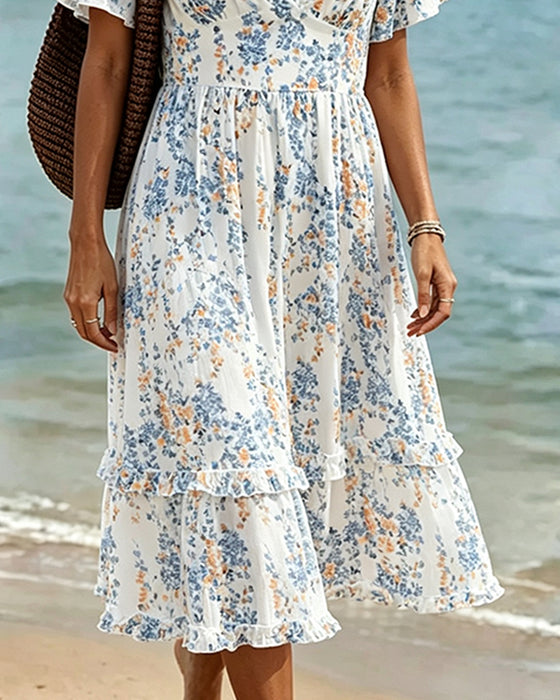 Kleid Blumen Rüsche V-Ausschnitt Patchwork