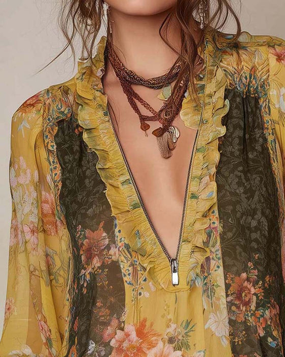 Halbreißverschluss Blumenprint Bluse