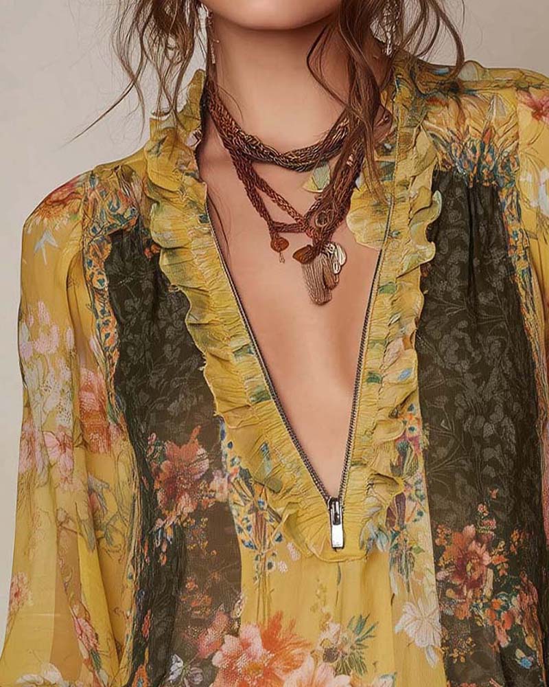 Halbreißverschluss Blumenprint Bluse