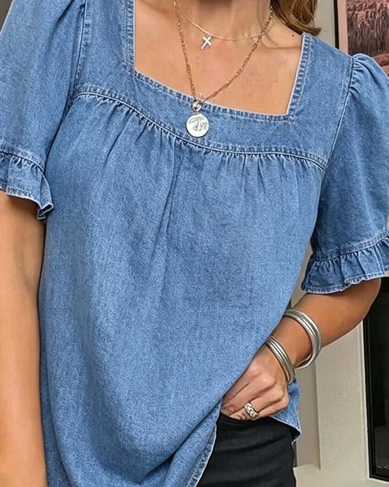 Bluse Quadratischer Ausschnitt Rüsche Denim