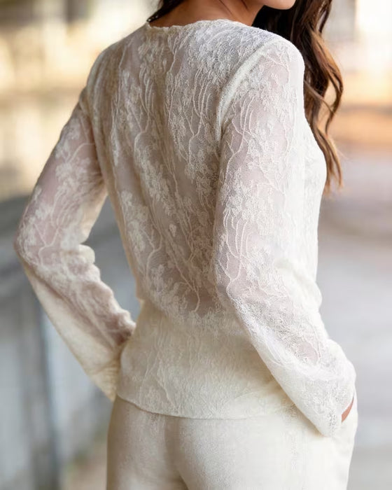 Bluse Rundhals Spitze Sheer Tailliert