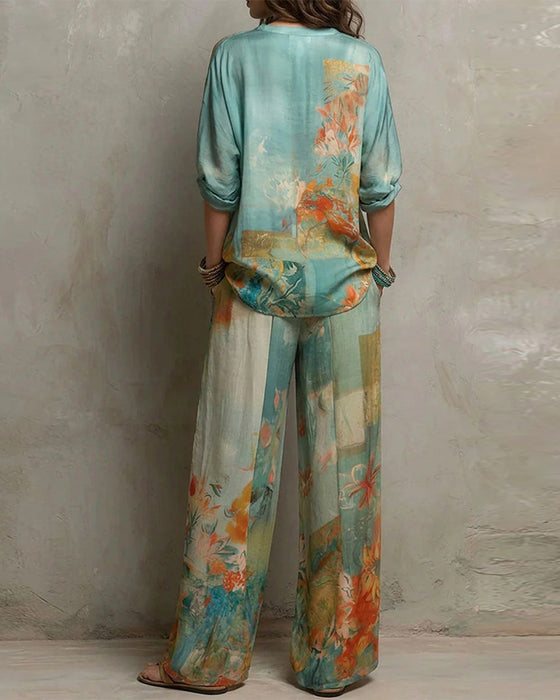 Set V-Ausschnitt Blumige Bluse + Gerade Bein Hosen