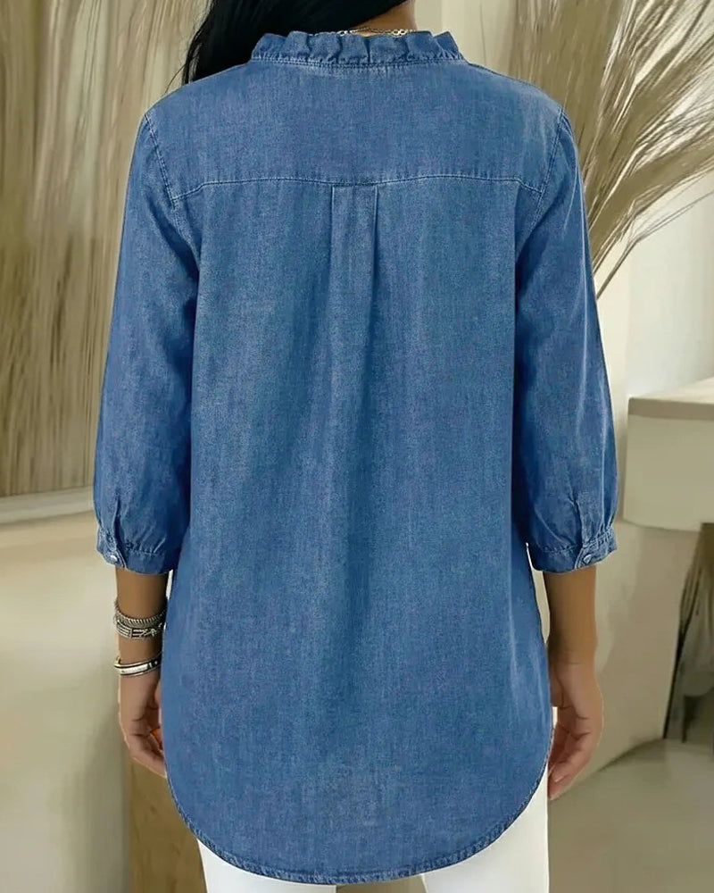 Bluse Ruffle V-Ausschnitt Denim