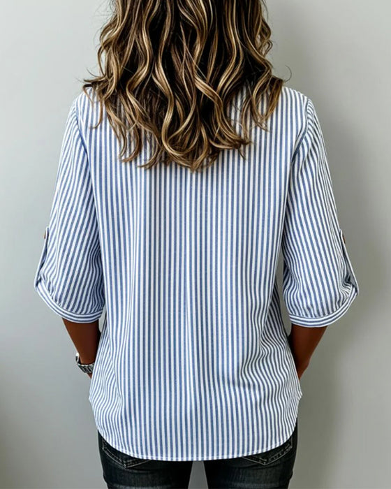 Bluse Lässig Gestreift Henley