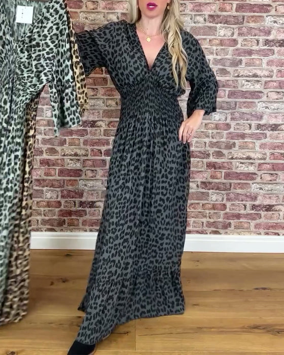 Kleid V-Ausschnitt Taille Leopardenmuster