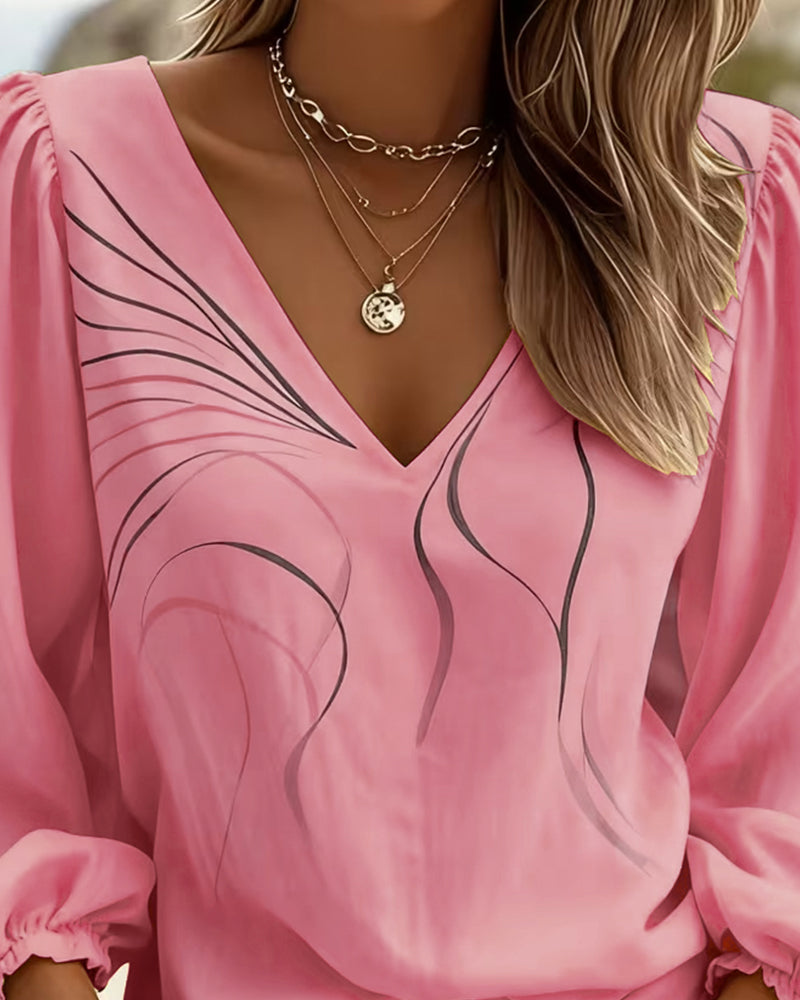 Bluse V-Ausschnitt Linie Bedruckt Puffärmel