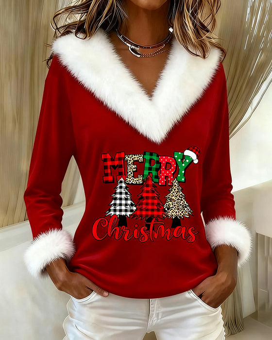 Top mit V-Ausschnitt und Weihnachtsbaummuster