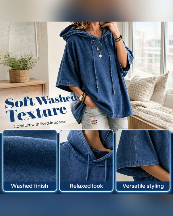Hoodie Mit Kapuze Kordelzug Ellenbogenlang Ärmel Denim