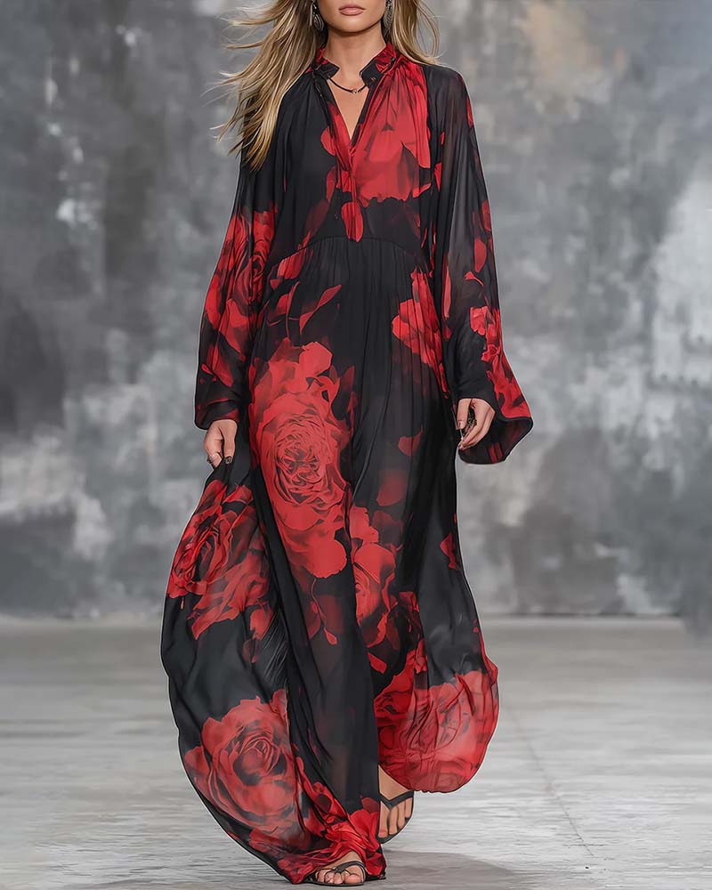 Kleid Temperament Locker Rosen Druck Lang