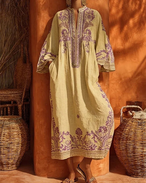 Kleid V-Ausschnitt Ethno-Print Loose Fit