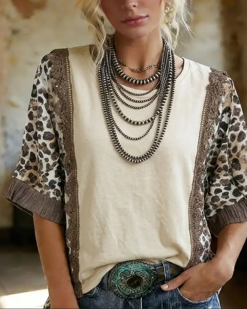 T-Shirt Leopard Patchwork Spitze