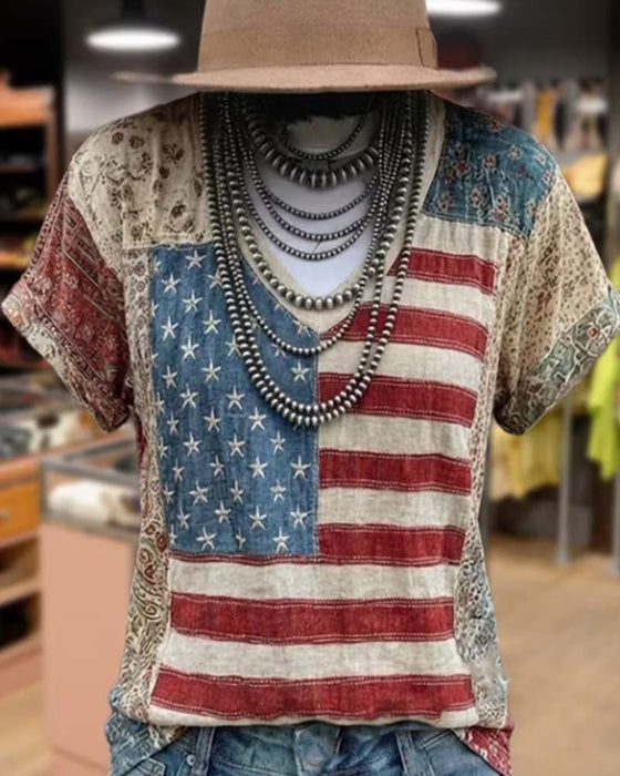 T-Shirt V-Ausschnitt Kurzarm Patchwork