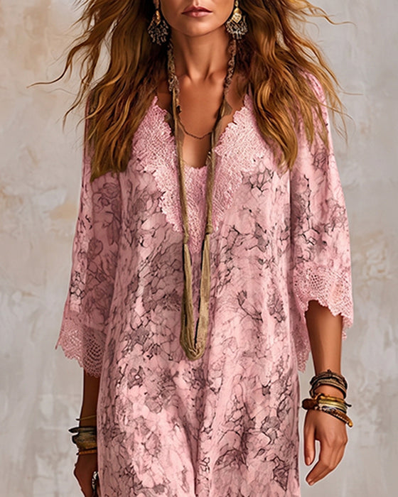 Kleid V-Ausschnitt Spitze Patchwork Asymmetrisch