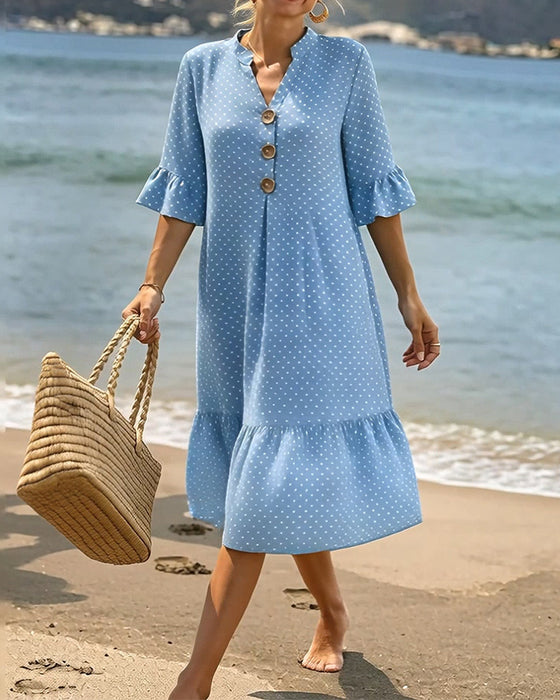 Kleid Polka Dot V-Ausschnitt Rüsche Ärmel