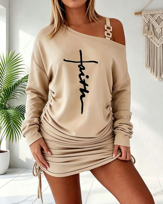 Kleid Ein-Schulter Träger Gerafft Kordelzug