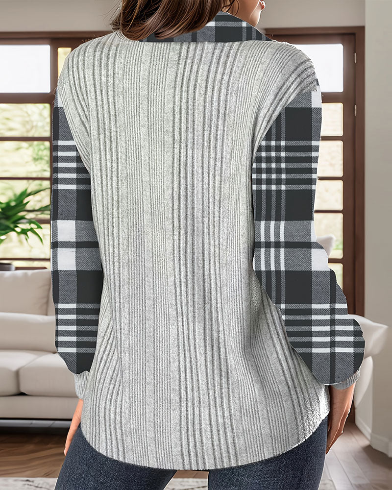 Sweatshirt Kragen Kariert Knopf