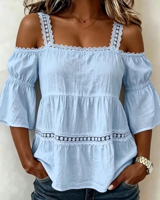 Bluse Spitze Patchwork Träger Kalte Schulter