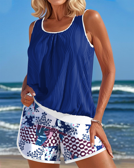 Tankini Ärmellos Bedruckt Boxer Zweiteilig Strand