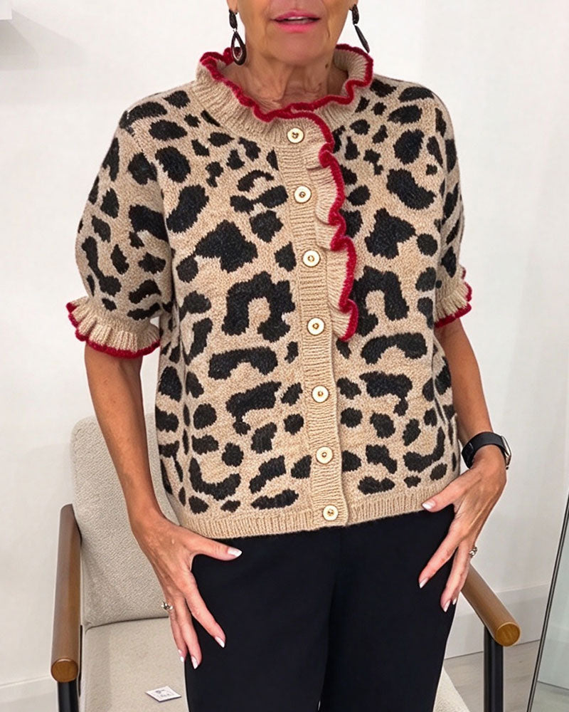 Pullover Rüschen Kurzarm Leopardenprint