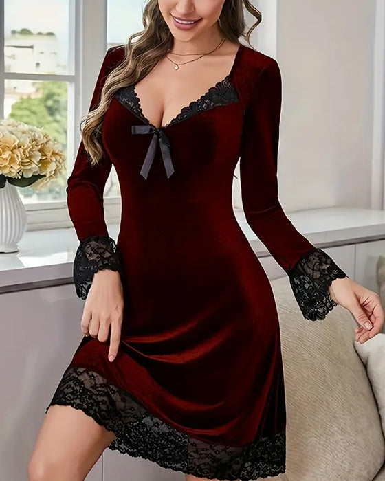 Kleid Mit Spitze-Panel Und Samt Merkmalen