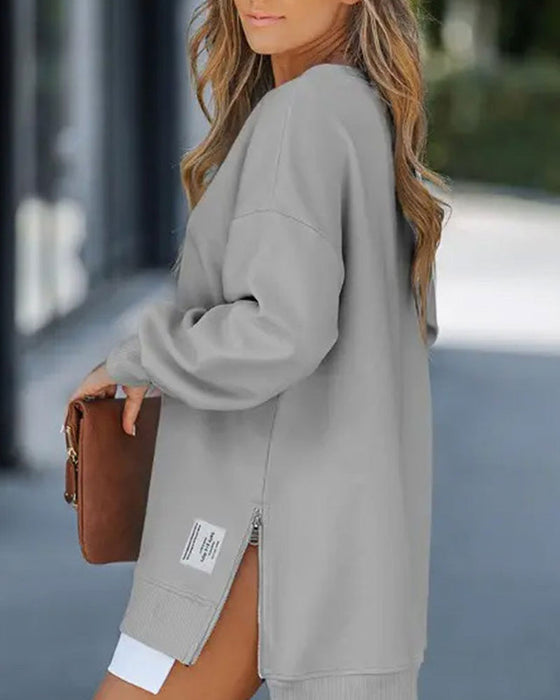 Lässiges Sweatshirtkleid Mit Langen Ärmeln, Reißverschluss Und Schlitz