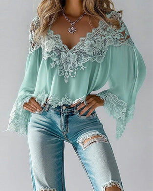 Bluse V-Ausschnitt Patchwork locker langärmlig