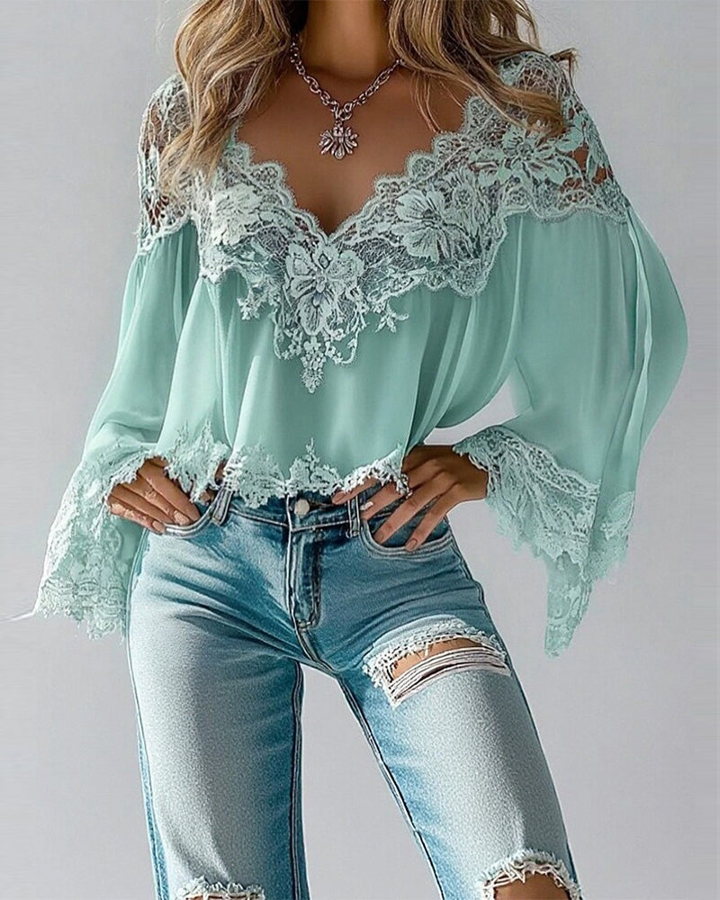 Bluse V-Ausschnitt Patchwork locker langärmlig