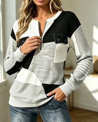 Sweatshirt Waffel Farbblock Reißverschluss
