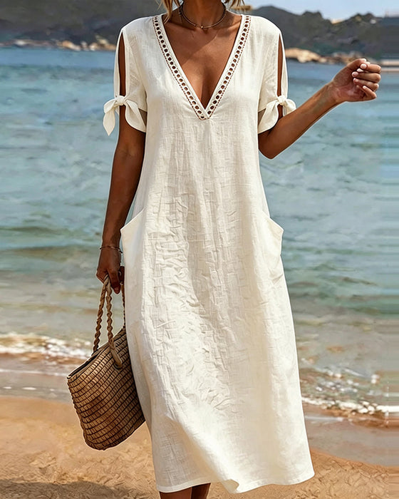 kleid lang v‑ausschnitt aussparung am kragen urlaub