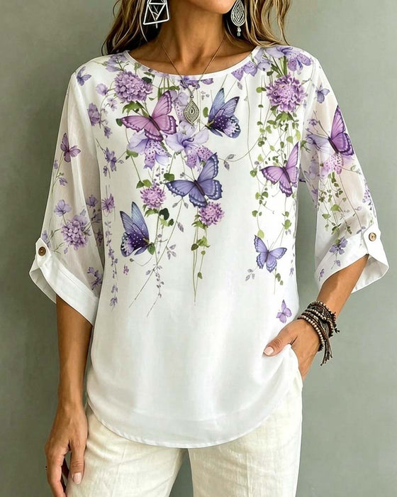 Bluse Rundhals Schmetterling Blumen