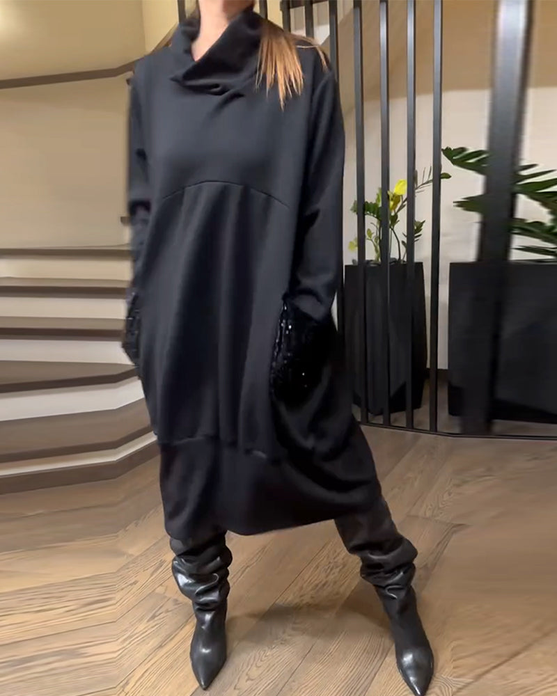 Sweatshirtkleid Hoher Kragen Plus Größe Glitzernd Tasche