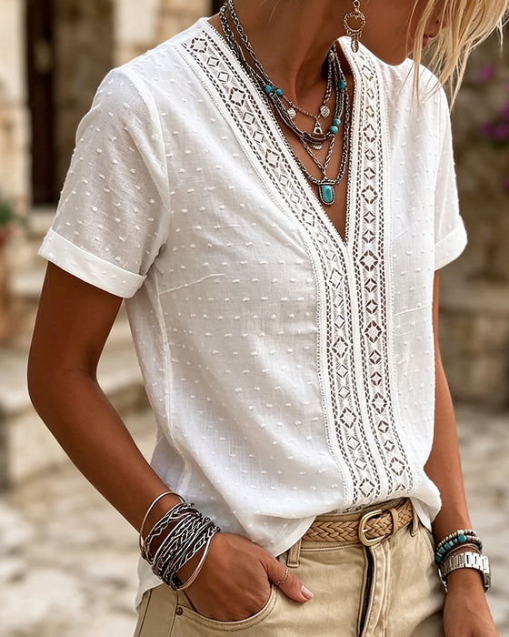 Bluse V-Ausschnitt Diamant Ausschnitt 3D Blumig Uni