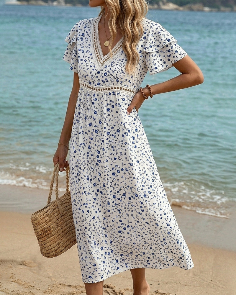 Kleid Blau Weiß Blumenprint Druck V-Ausschnitt