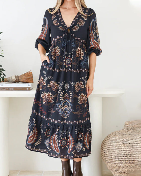 Kleid V-Ausschnitt Blasenärmel